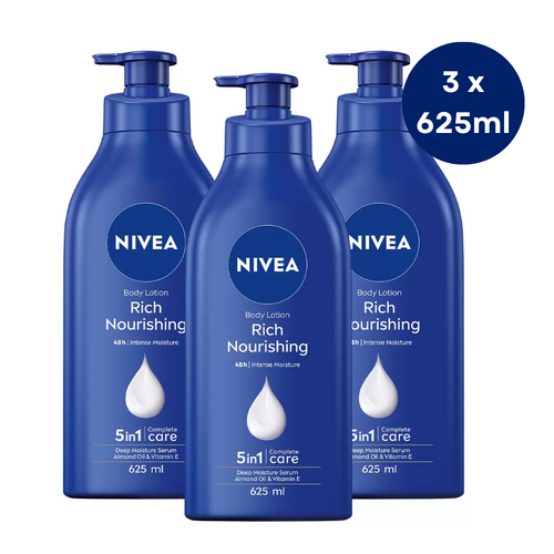 Nivea Rich Nourishing Body Lotion 3 X 625ml 5 in 1 Skin Care Cream