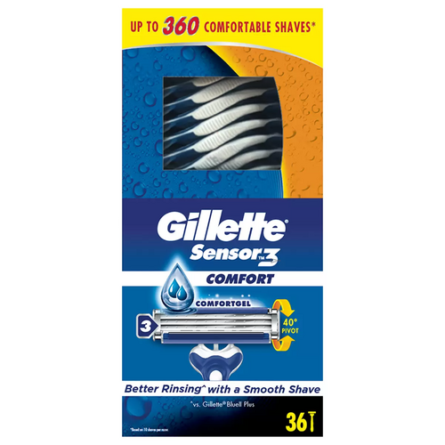 Gillette Sensor3 Disposable 36 Pack Pivoting Head Anti-slip Rubber Handle