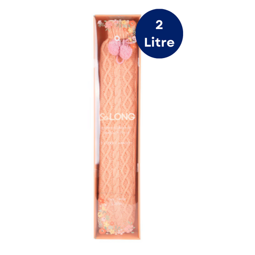 Aroma Extra Long 76cm Hot Water Bottle Winter Warmer 2L Rubber Knitted Cover Peach