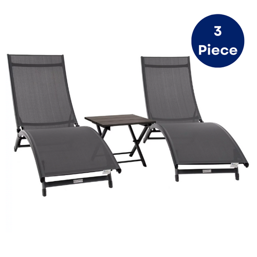 Coral Springs 3pcs Outdoor Lounger Set Recliner Chair Beds Table Lightweight Weather Resistant - Grey