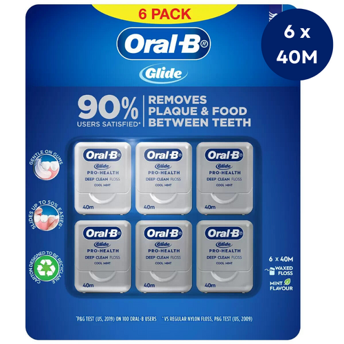 6 x 40m Oral-B Glide Floss Cool Mint Deep Clean Dental Floss