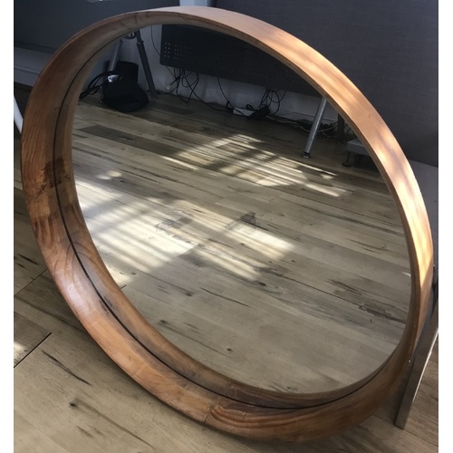 Yarrabah Round Mirror 80cms round Pine Wood. II is a perfect circle of glass encompassed by a solid wood frame with narrow edging