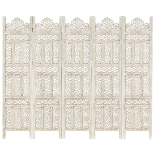 Hand carved 5-Panel Room Divider White 200x165 cm Solid Mango Wood