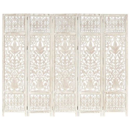 Hand carved 5-Panel Room Divider White 200x165 cm Solid Mango Wood