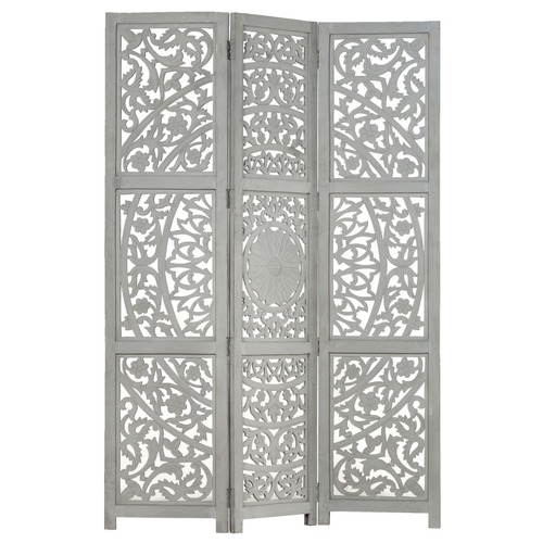 Hand carved 3-Panel Room Divider Grey 120x165 cm Solid Mango Wood