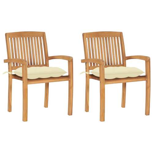 Garden Chairs 2 pcs with Cream White Cushions Solid Teak Wood