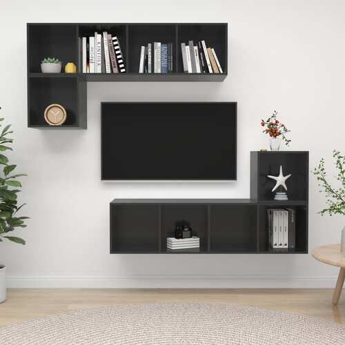 4 Piece TV Cabinet Set High Gloss Grey Engineered Wood