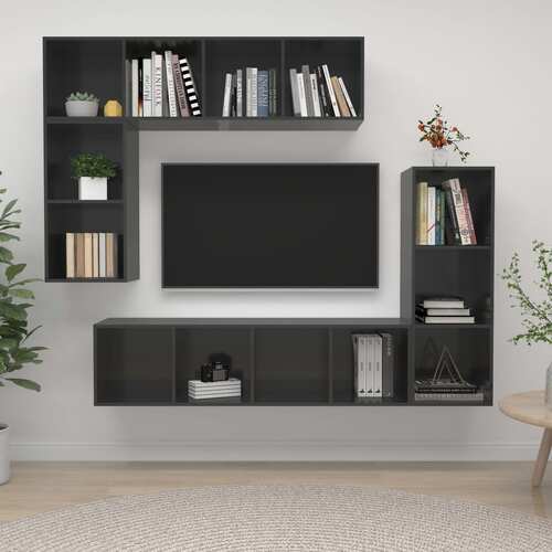 4 Piece TV Cabinet Set High Gloss Grey Engineered Wood