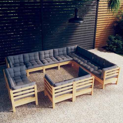 12 Piece Garden Lounge Set with Grey Cushions Solid Pinewood