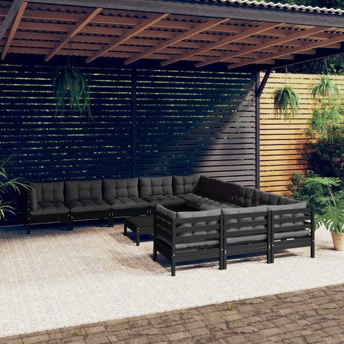 12 Piece Garden Lounge Set with Cushions Black Pinewood