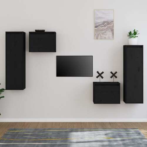 TV Cabinets 4 pcs Black Solid Wood Pine