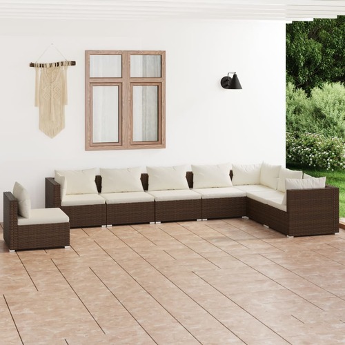 8 Piece Garden Lounge Set with Cushions Poly Rattan Brown