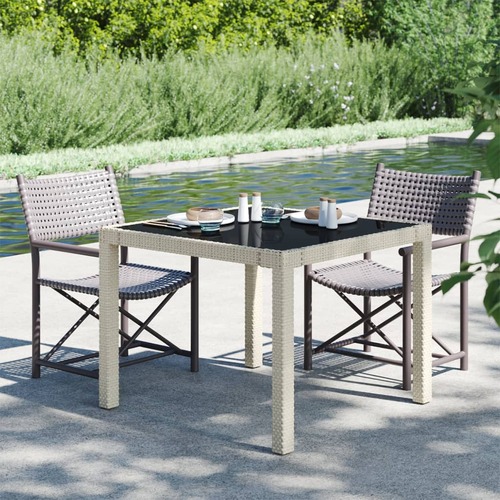 Garden Table 90x90x75 cm Tempered Glass and Poly Rattan Beige