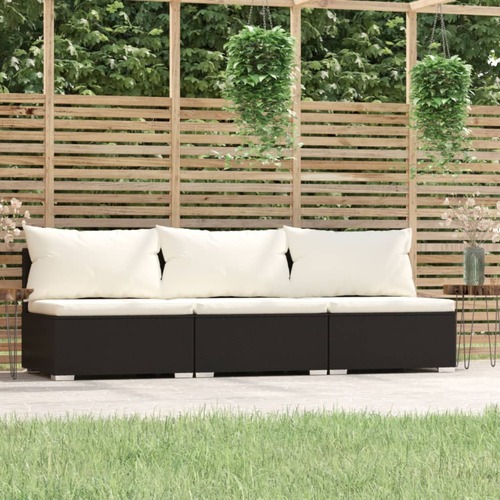 3-Seater Sofa with Cushions Black Poly Rattan