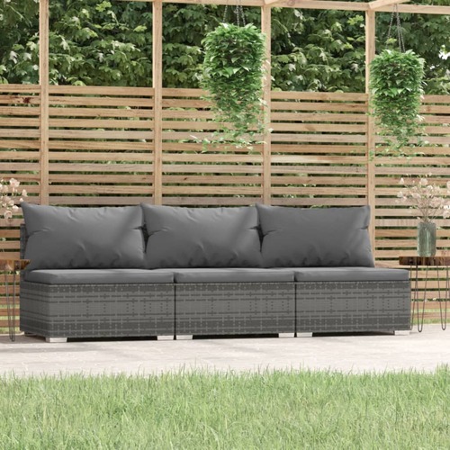 3-Seater Sofa with Cushions Grey Poly Rattan