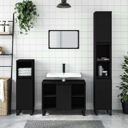 3 Piece Bathroom Furniture Set Black Engineered Wood