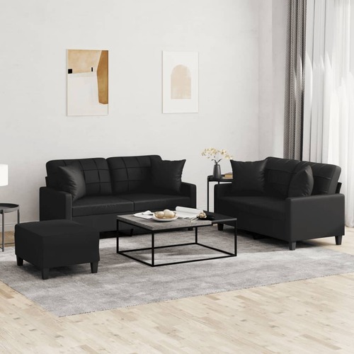 3 Piece Sofa Set with Pillows Black Faux Leather