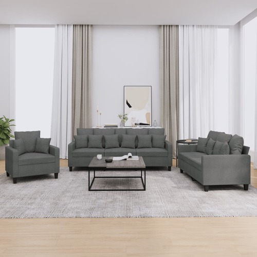 3 Piece Sofa Set with Pillows Dark Grey Fabric