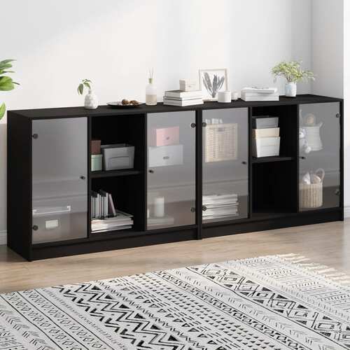 Bookcase with Doors Black 204x37x75 cm Engineered Wood