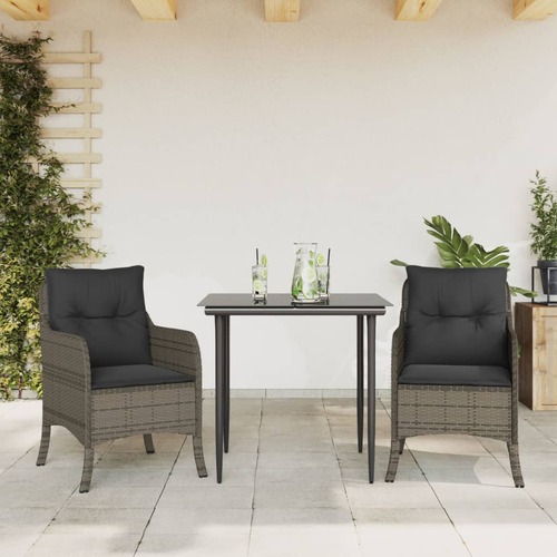 3 Piece Garden Dining Set with Cushions Grey Poly Rattan