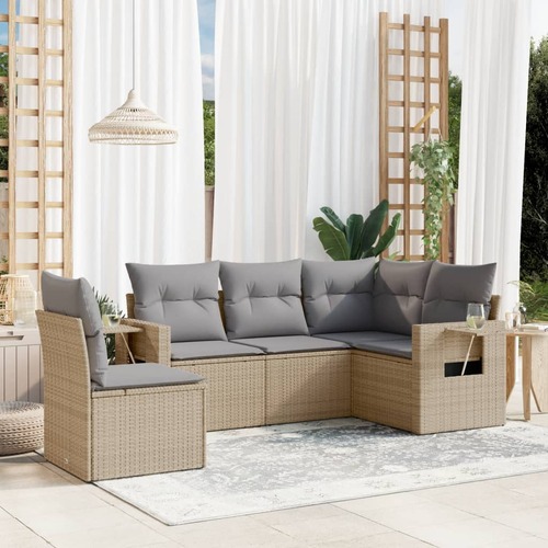 5 Piece Garden Sofa Set with Cushions Beige Poly Rattan