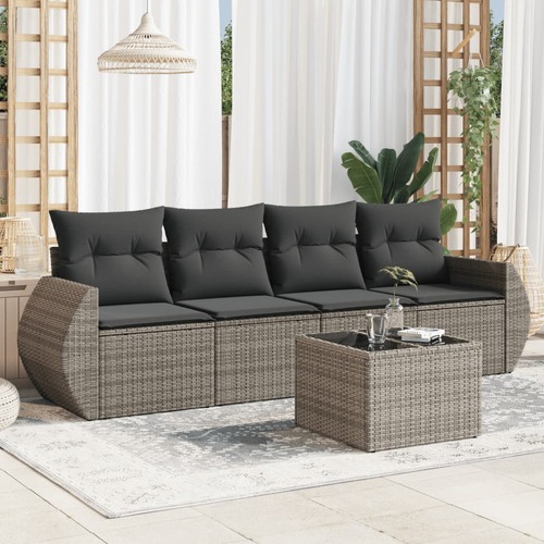 5 Piece Garden Sofa Set with Cushions Grey Poly Rattan