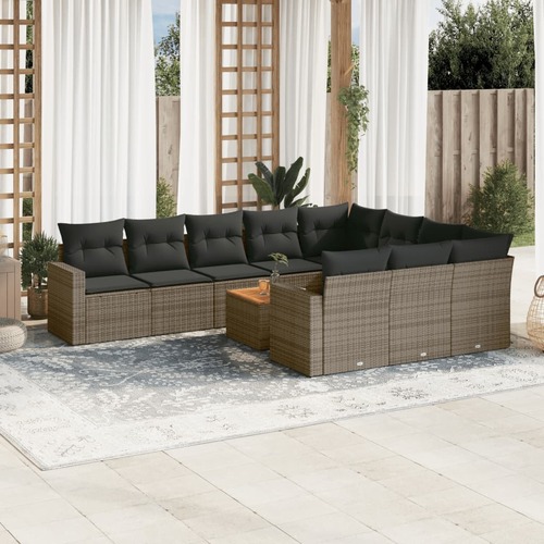 11 Piece Garden Sofa Set with Cushions Grey Poly Rattan