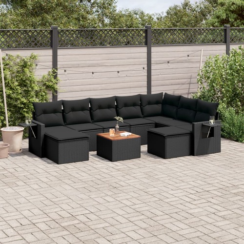 10 Piece Garden Sofa Set with Cushions Black Poly Rattan