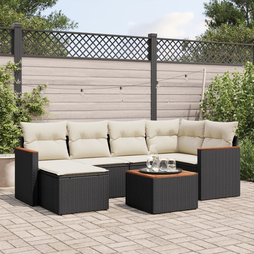 7 Piece Garden Sofa Set with Cushions Black Poly Rattan