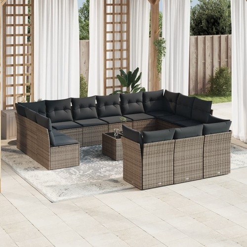 14 Piece Garden Sofa Set with Cushions Grey Poly Rattan