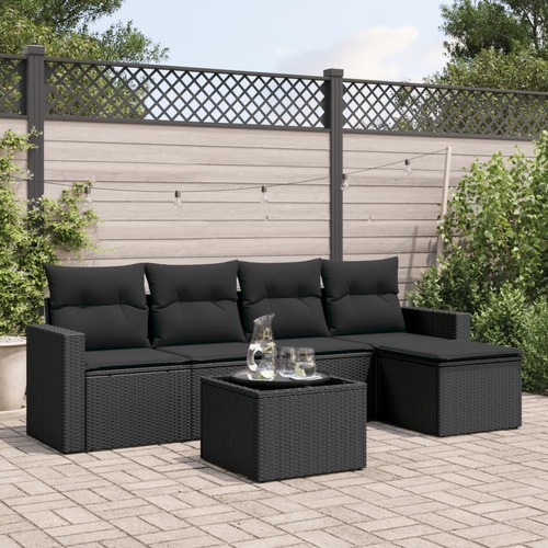 6 Piece Garden Sofa Set with Cushions Black Poly Rattan