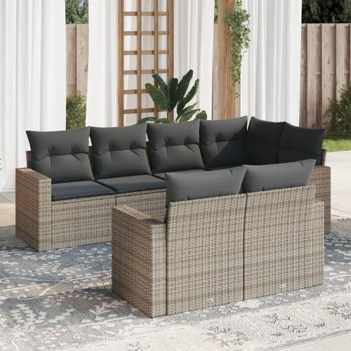 7 Piece Garden Sofa Set with Cushions Grey Poly Rattan