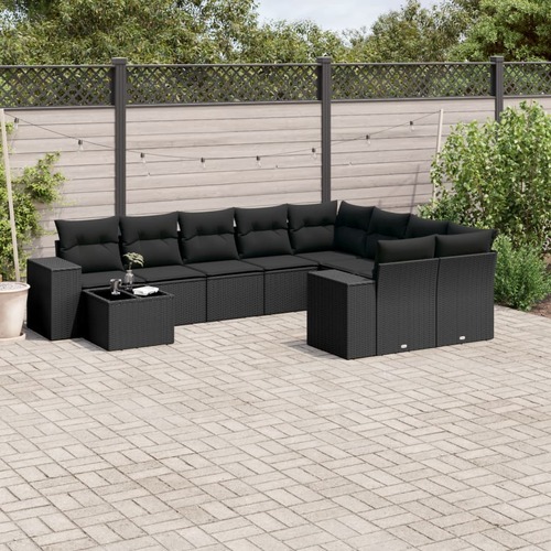 10 Piece Garden Sofa Set with Cushions Black Poly Rattan