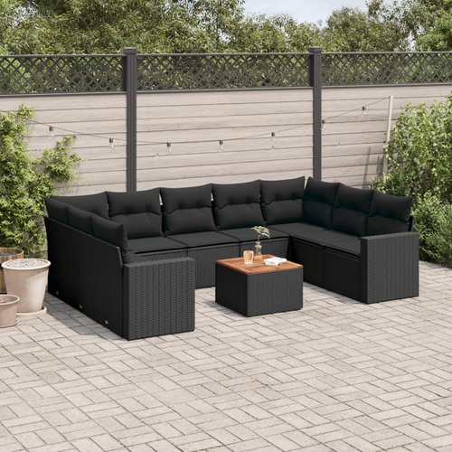 10 Piece Garden Sofa Set with Cushions Black Poly Rattan