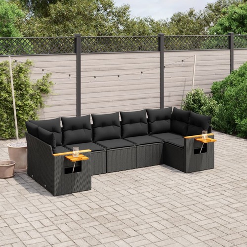 7 Piece Garden Sofa Set with Cushions Black Poly Rattan