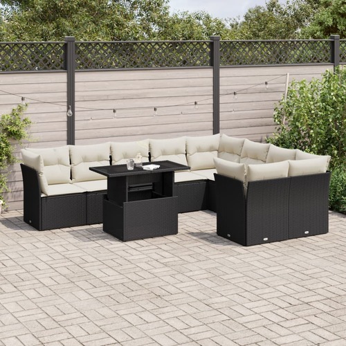 10 Piece Garden Sofa Set with Cushions Black Poly Rattan