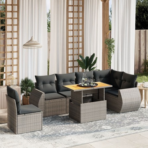 7 Piece Garden Sofa Set with Cushions Grey Poly Rattan