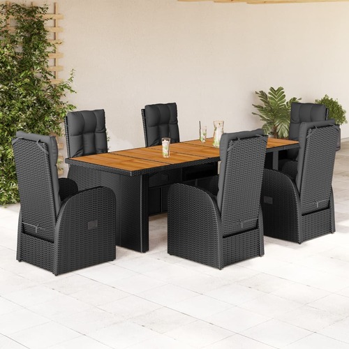 7 Piece Garden Dining Set with Cushions Black Poly Rattan