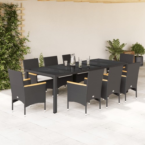 9 Piece Garden Dining Set with Cushions Black Poly Rattan and Glass