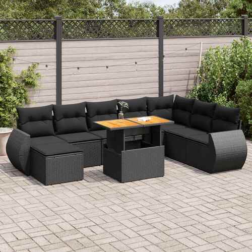 9 Piece Garden Sofa Set with Cushions Black Poly Rattan