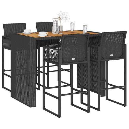 5 Piece Garden Bar Set without Cushions Black Poly Rattan Acacia