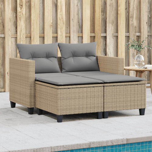 Garden Sofa 2-Seater with Stools Beige Poly Rattan