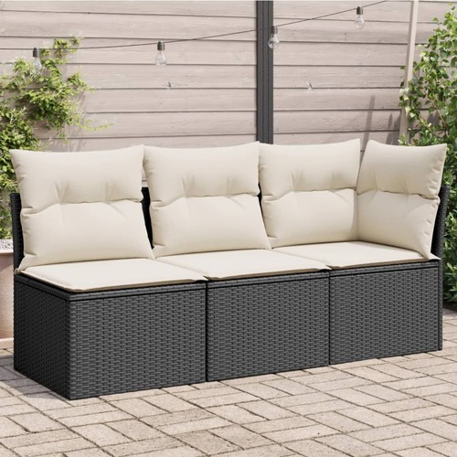 Garden Sofa with Cushions 3-Seater Black Poly Rattan