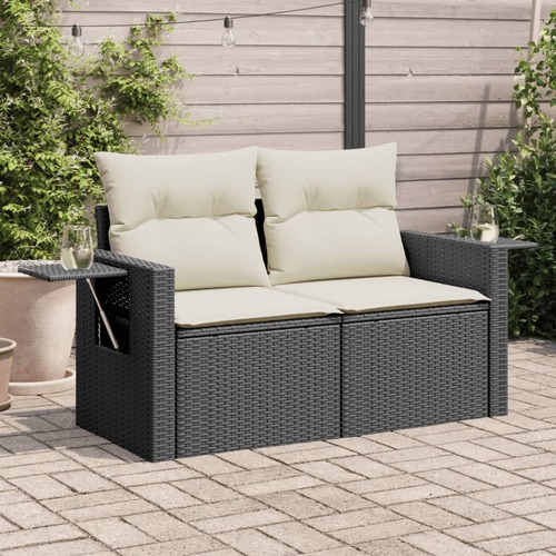 Garden Sofa with Cushions 2-Seater Black Poly Rattan