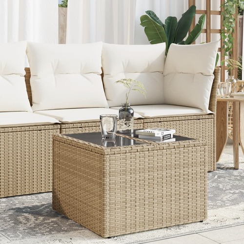 Garden Table with Glass Top Beige 55x55x37 cm Poly Rattan