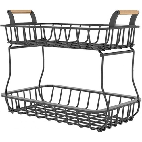 GOMINIMO Detachable 2 Tier Rectangle Wire Countertop Fruit Basket Bowl with Wooden Handle (Black) GO-FB-101-JTM