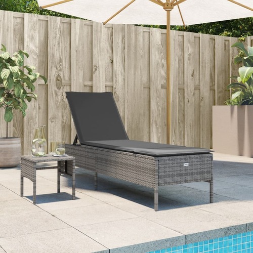 Sun Lounger with Table and Cushion Grey Poly Rattan