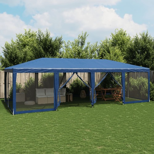 Party Tent with 12 Mesh Sidewalls Blue 8x4 m HDPE