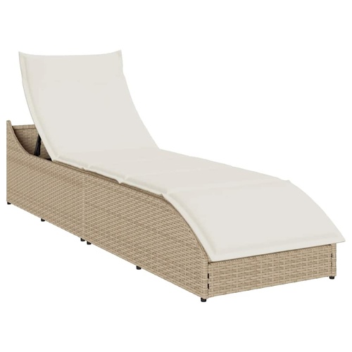 Folding Sun Lounger with Cushion and Storage Beige Poly Rattan