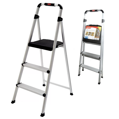 Rubbermaid Step Ladder 3 Steps Folding Aluminium Stool Seat Portable 100kg Max weight